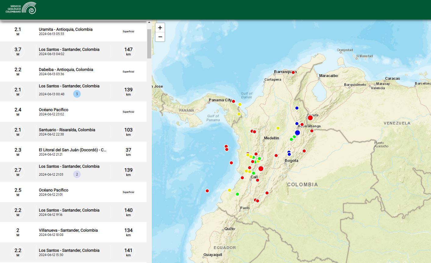 Actividad sísmica en Colombia.