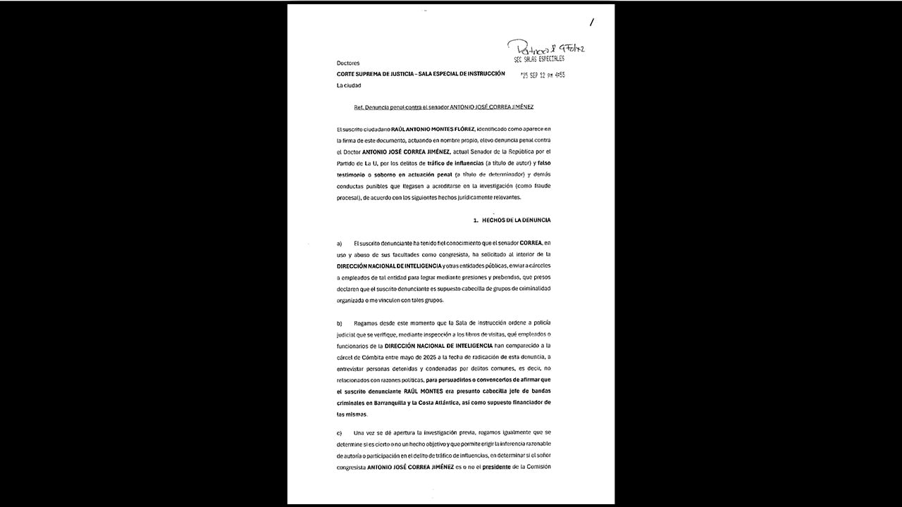 Denuncia interpuesta por Raúl Antonio Montes Jiménez contra Antonio José Correa Jiménez, en la que se exponen presuntos hechos de financiación ilegal y violencia.