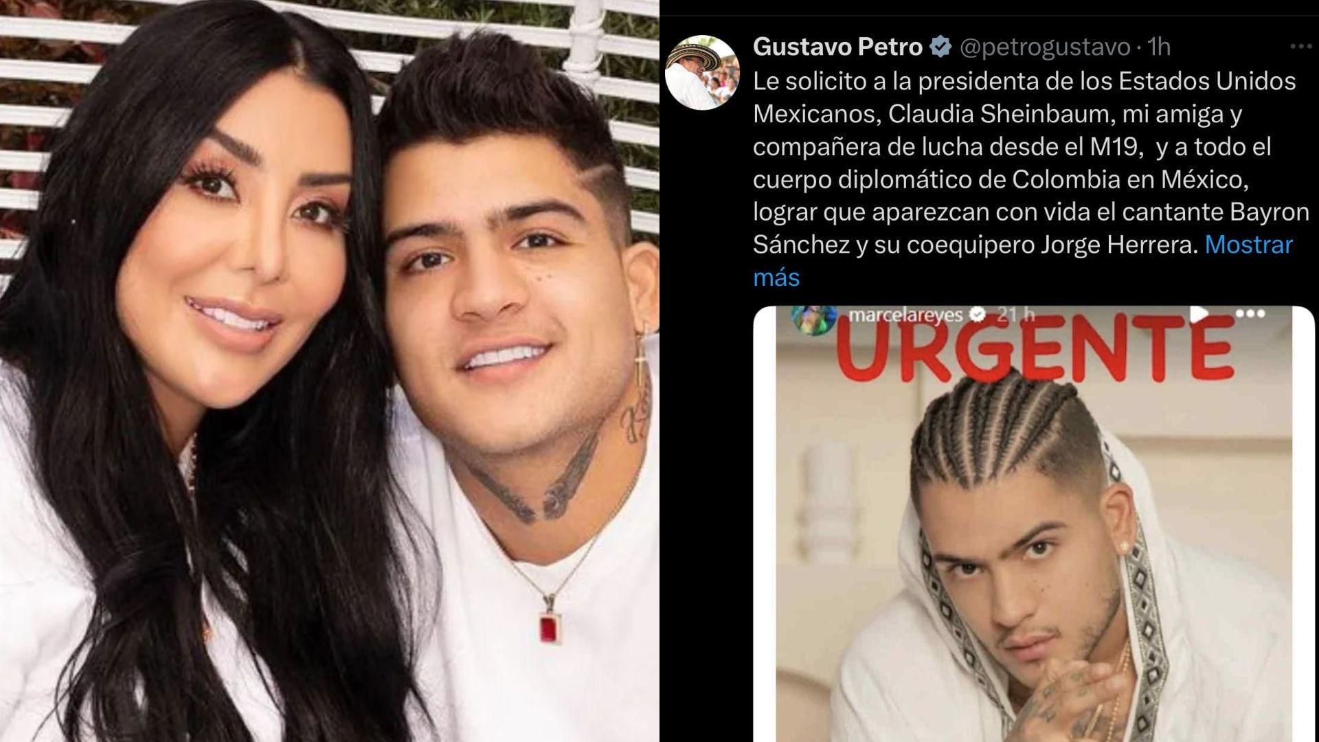 Petro pide apoyo a México para encontrar al cantante B-King, exesposo de Marcela Reyes, desaparecido en Polanco.