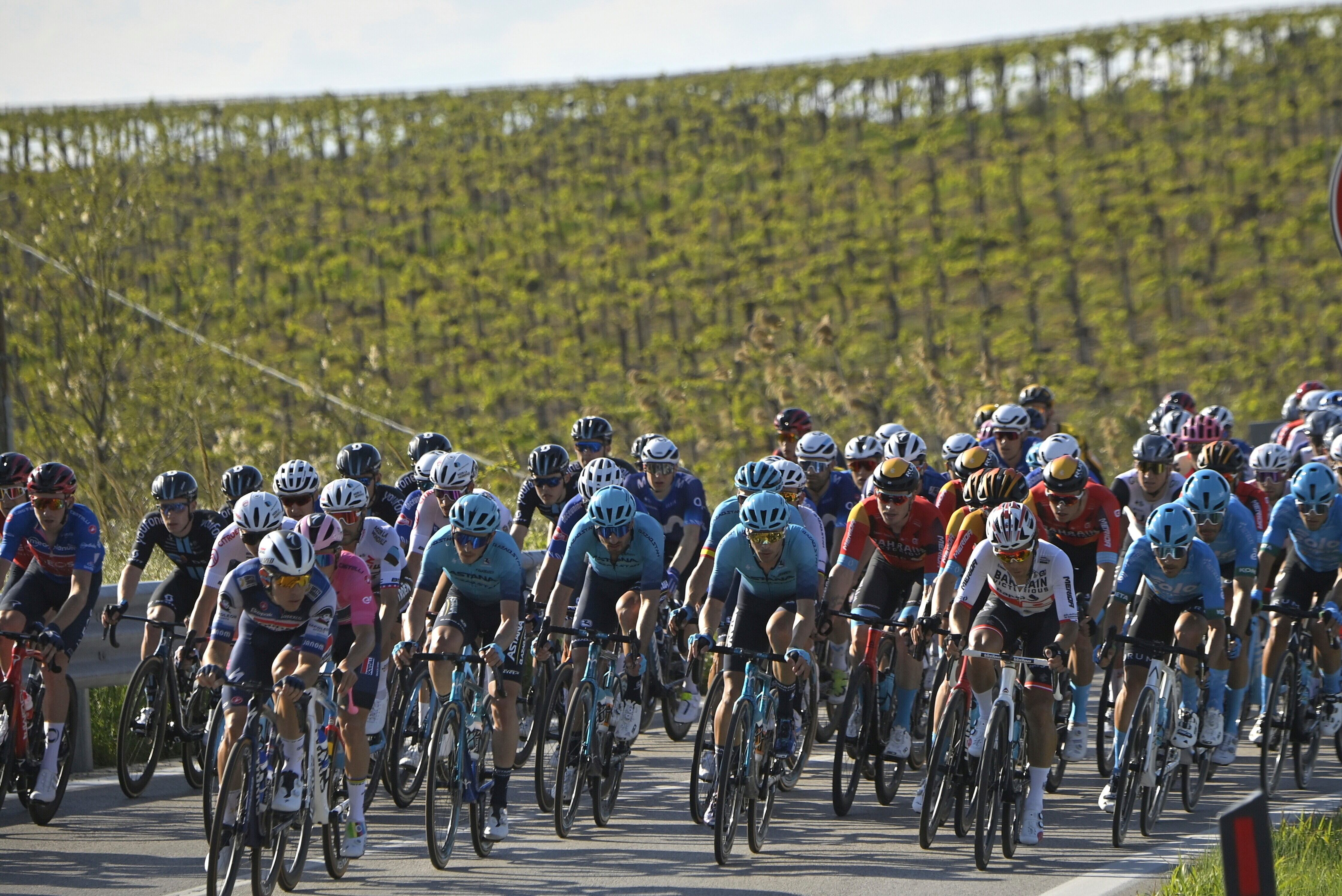 The pack pedals during the second stage of the Tour of Italy cycling race, from Teramo to San Salvo, in Teramo, Italy, Sunday, May 7, 2023. (AP/Fabio Ferrari /LaPresse)