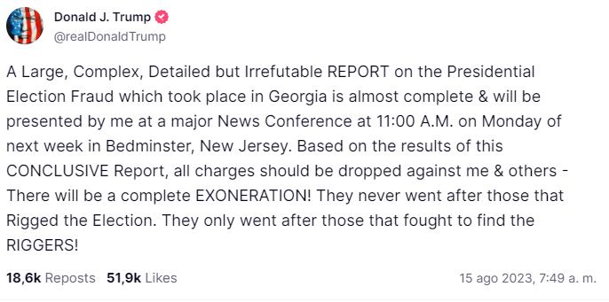 Publicación de Donald Trump en Truth Social.