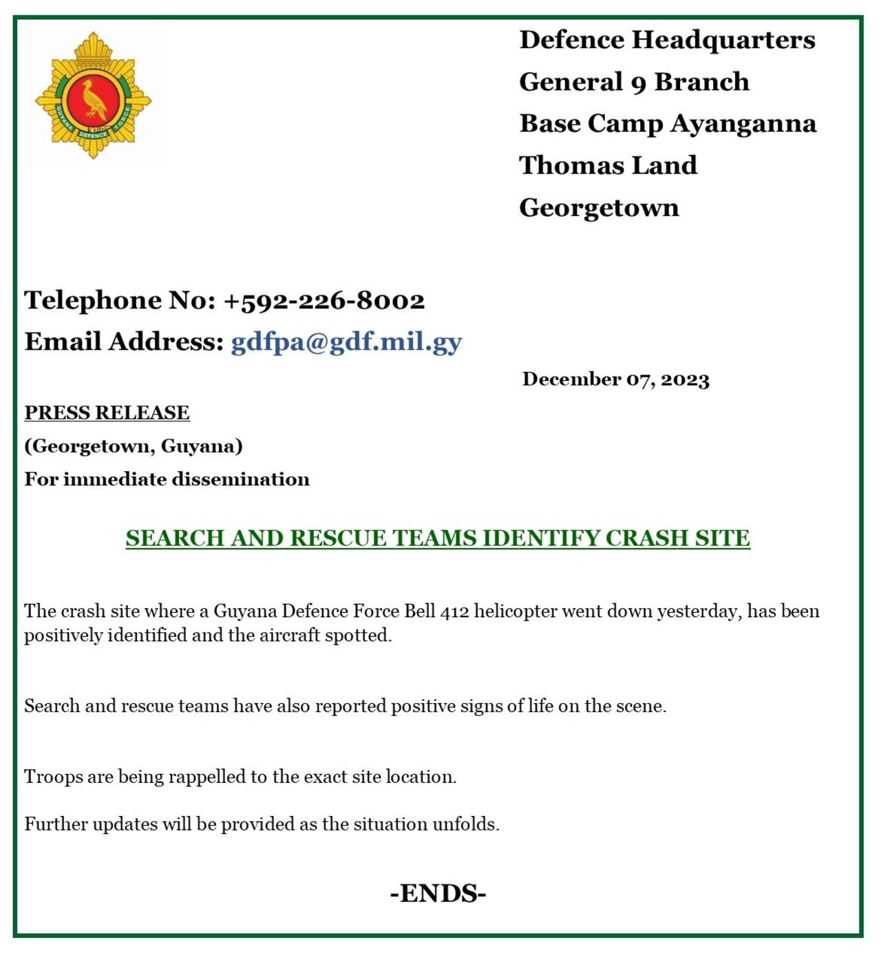 Comunicado emitido por las autoridades guyanesas