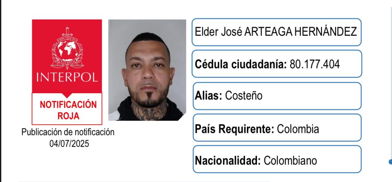 Circular roja de Interpol contra alias El costeño, uno de los cerebros del atentado contra el senador Miguel Uribe Turbay.