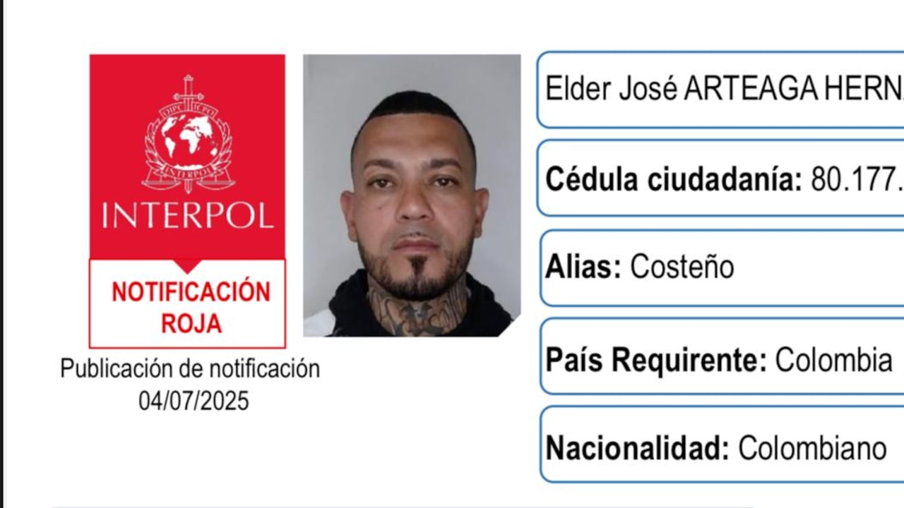 Circular roja de Interpol contra alias El costeño, uno de los cerebros del atentado contra el senador Miguel Uribe Turbay.