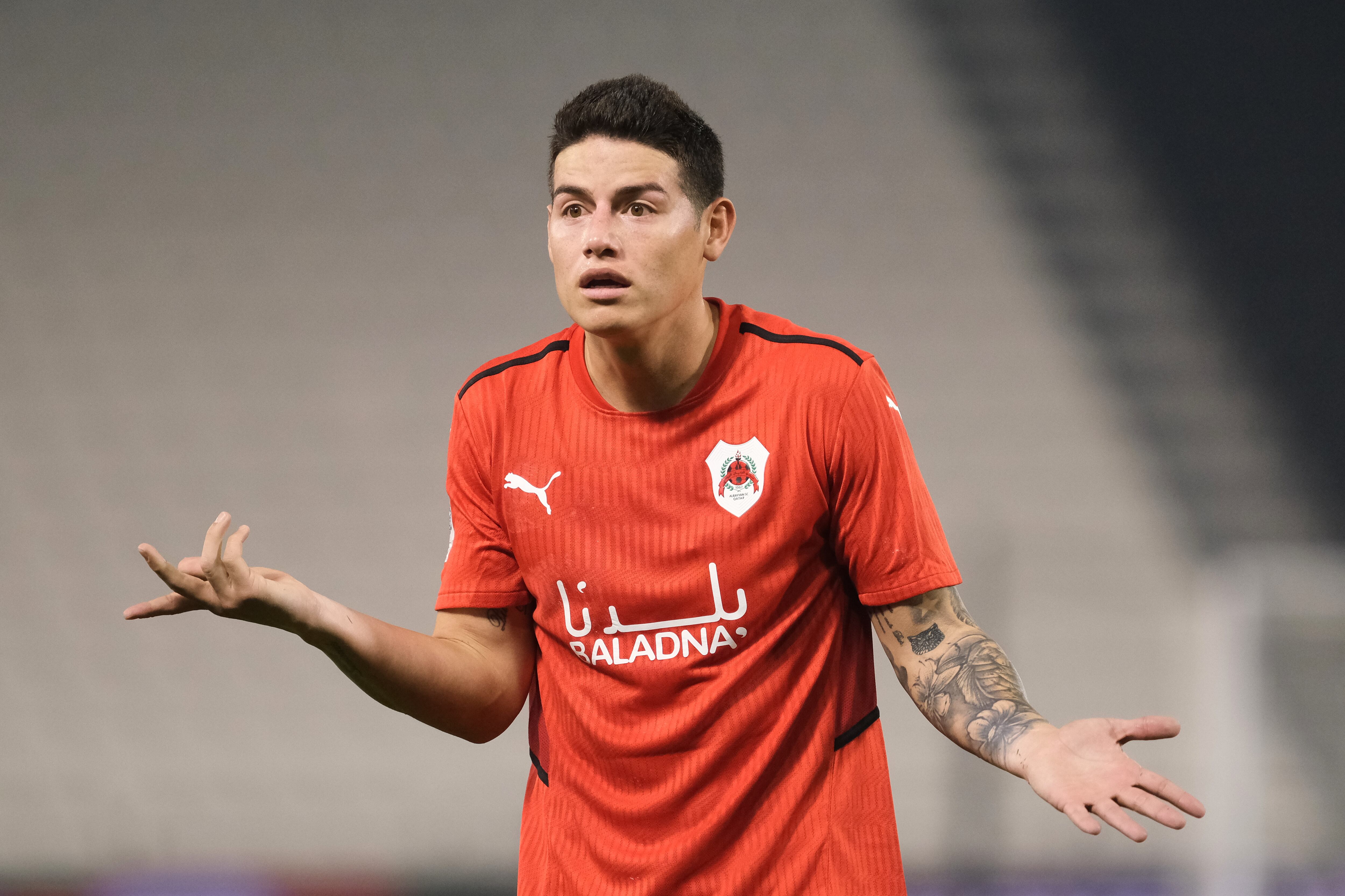 James Rodriguez (10) of Al Rayyan remonstrates with the referee during the QNB Stars League match between Al Gharafa and Al Rayyan at the Jassim Bin Hamad Stadium in Doha, Qatar on 24 February 2022. (Photo by Simon Holmes/NurPhoto via Getty Images)
