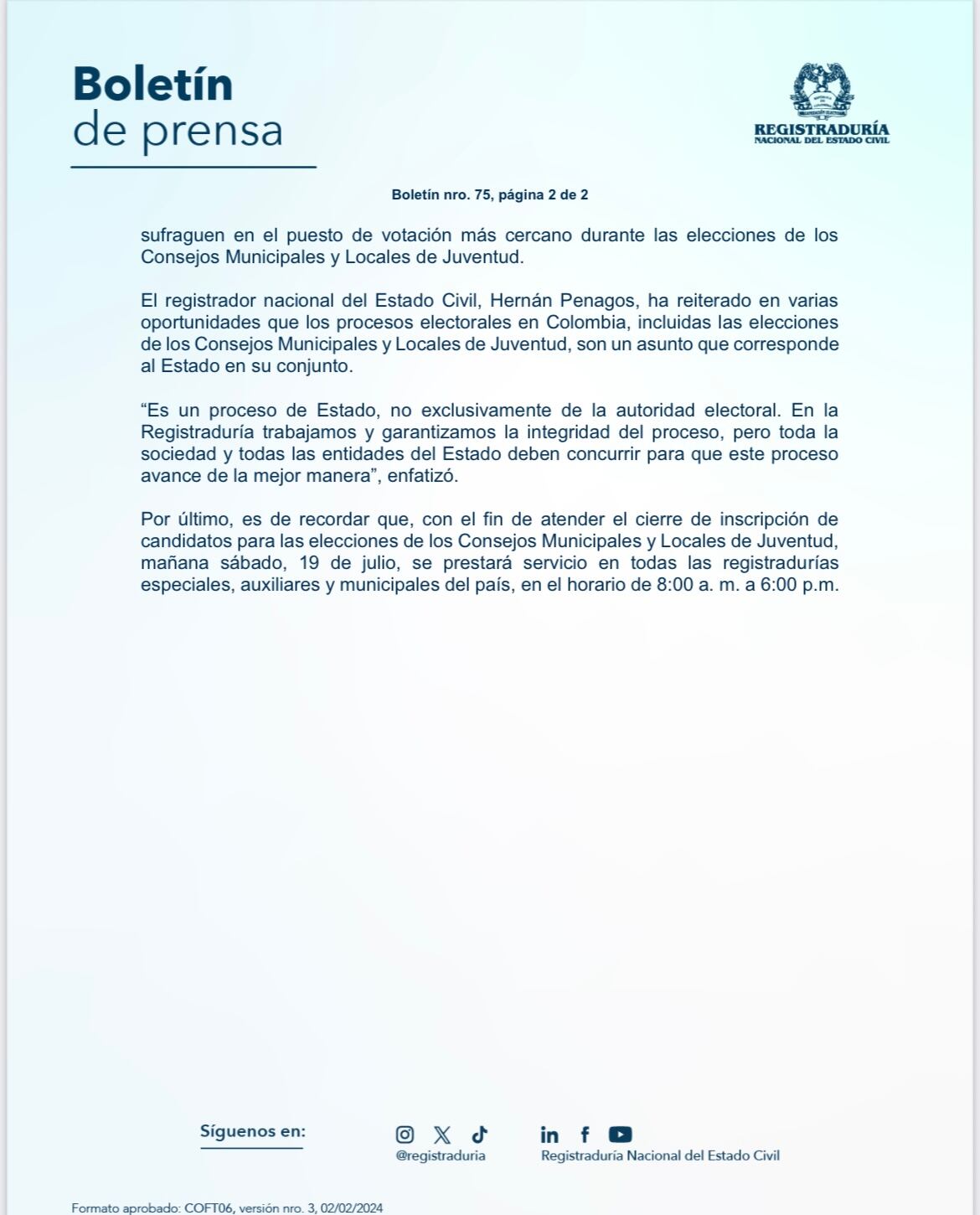 Comunicado Registraduría