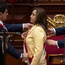 President of the Peruvian Congress Jose Williams Zapata (L) swears in Dina Boluarte (R) as the new President hours after former President Pedro Castillo was impeached in Lima, on December 7, 2022. - Peru's Pedro Castillo was impeached and replaced as president by his deputy on Wednesday in a dizzying series of events in the country that has long been prone to political upheaval. Dina Boluarte, a 60-year-old lawyer, was sworn in as Peru's first female president just hours after Castillo tried to wrest control of the legislature in a move criticised as an attempted coup. (Photo by Cris BOURONCLE / AFP)