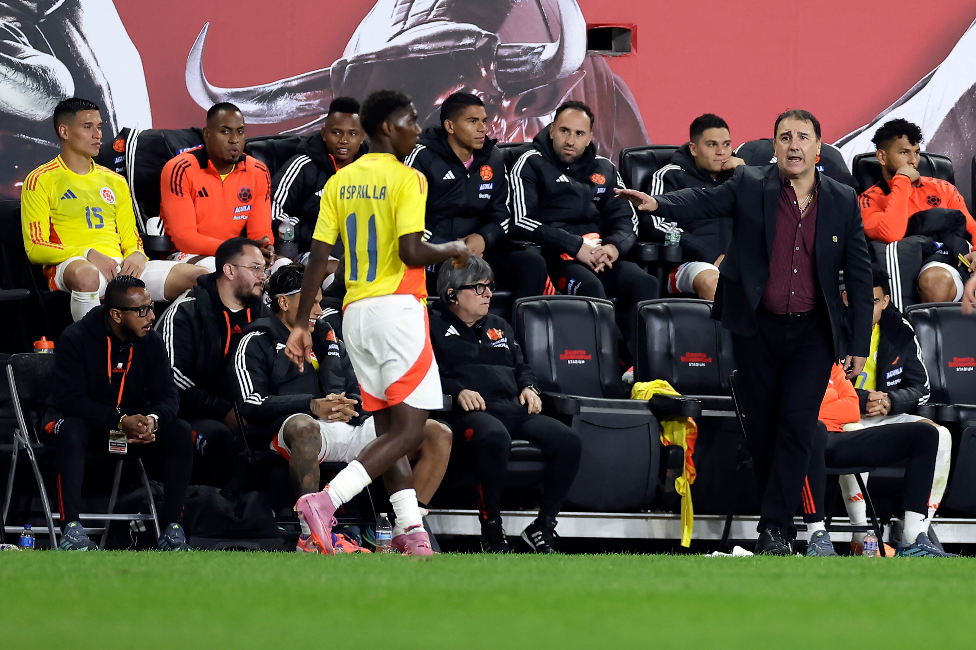 Néstor Lorenzo (der.) dirigiendo a la Selección Colombia ante Nueva Zelanda.