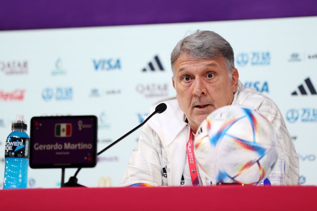 DOHA, QATAR - NOVEMBER 29: Gerardo Martino, Head Coach of Mexico, speaks during the Mexico Press Conference at the main Media Center on November 29, 2022 in Doha, Qatar. (Photo by FIFA/FIFA via Getty Images)