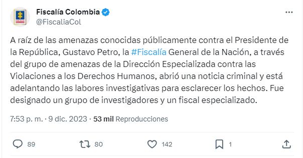 Fiscalía anunció investigación tras las amenazas de muerte denunciadas por el presidente Gustavo Petro.
