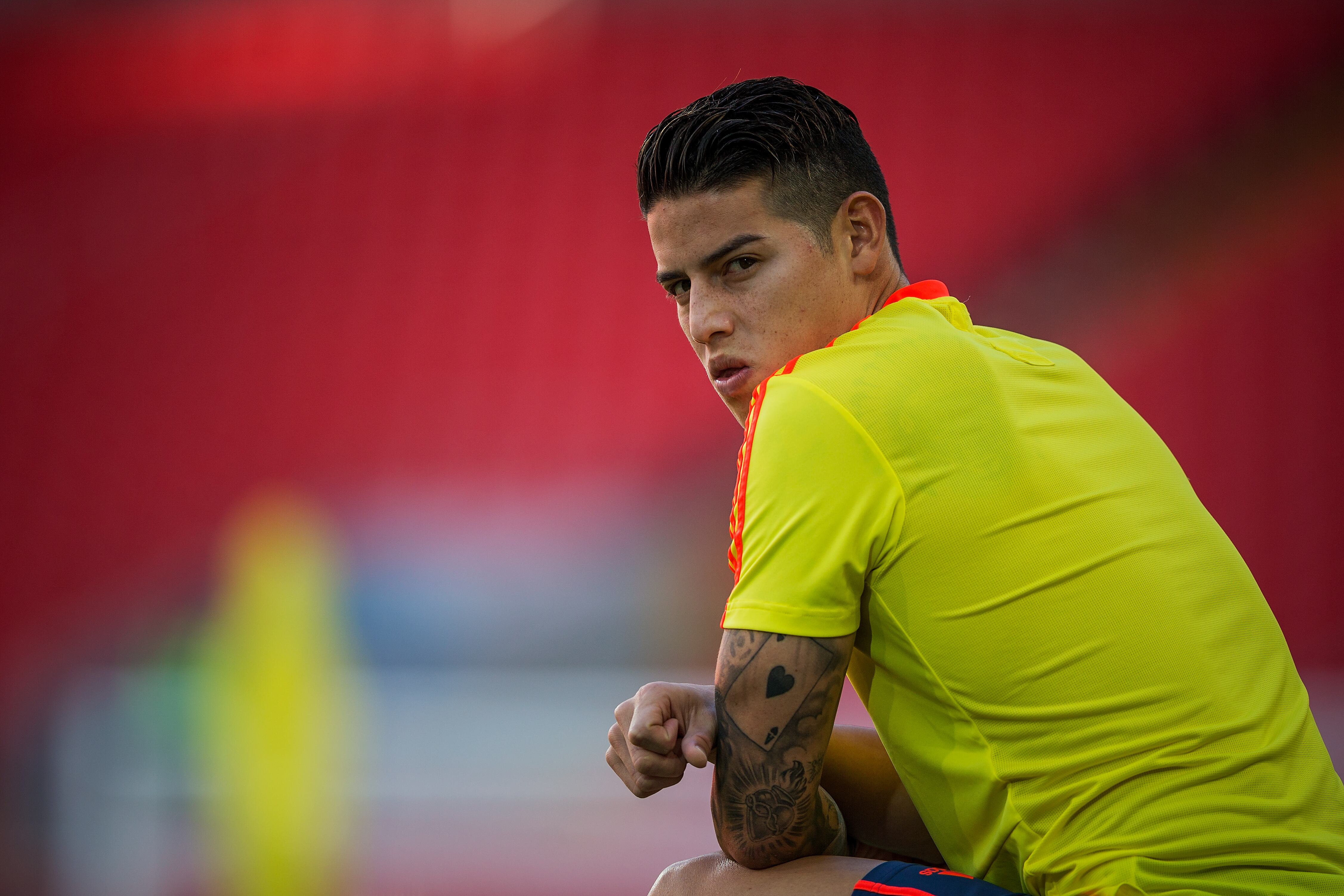 MOSCOW, RUSSIA - JULY 02: James Rodriguez looks on during Colombia Training at Spartak Stadium on July 2, 2018 in Moscow, Russia. (Photo by Joosep Martinson - FIFA/FIFA via Getty Images)