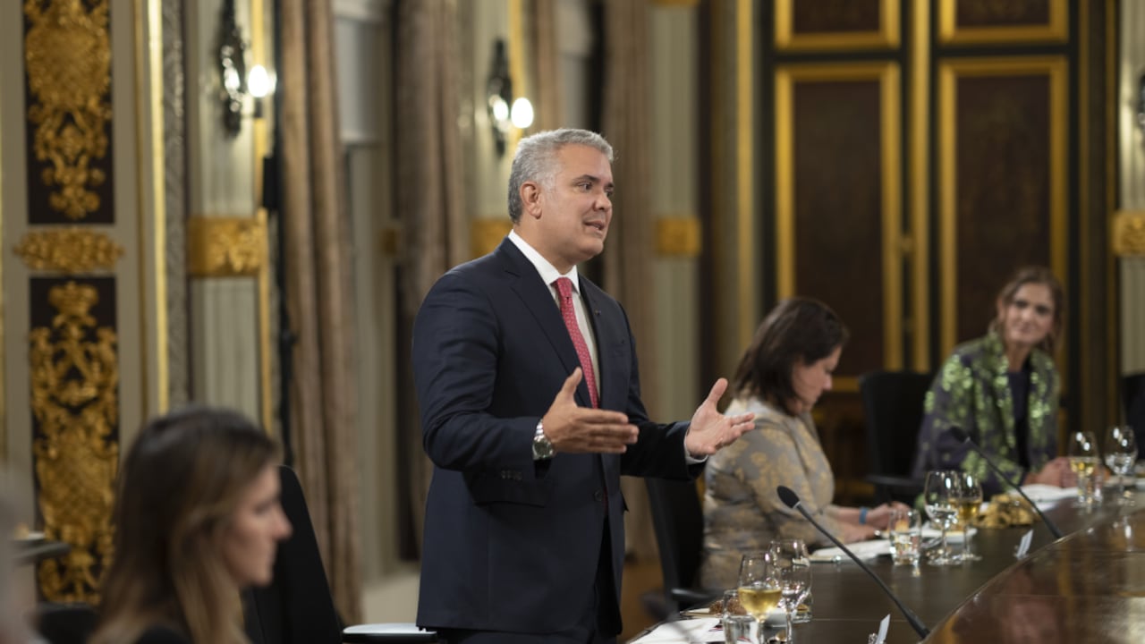 Colombian President Ivan Duque Marquez speaks ahead of a dinner Dutch Prime Minister Mark Rutte in The Hague, Netherlands, Wednesday, Feb. 16, 2022. (AP /Peter Dejong)