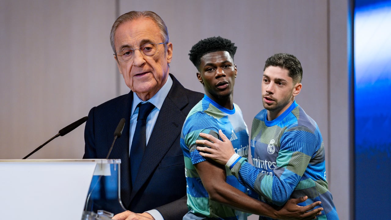 Florentino Pérez, presidente del Real Madrid, Aurélien Tchouaméni y Federico Valverde. Los jugadores conocieron la sanción impuesta por el club tras su pelea.