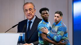 Florentino Pérez, presidente del Real Madrid, Aurélien Tchouaméni y Federico Valverde. Los jugadores conocieron la sanción puesta por el club tras su pelea.
