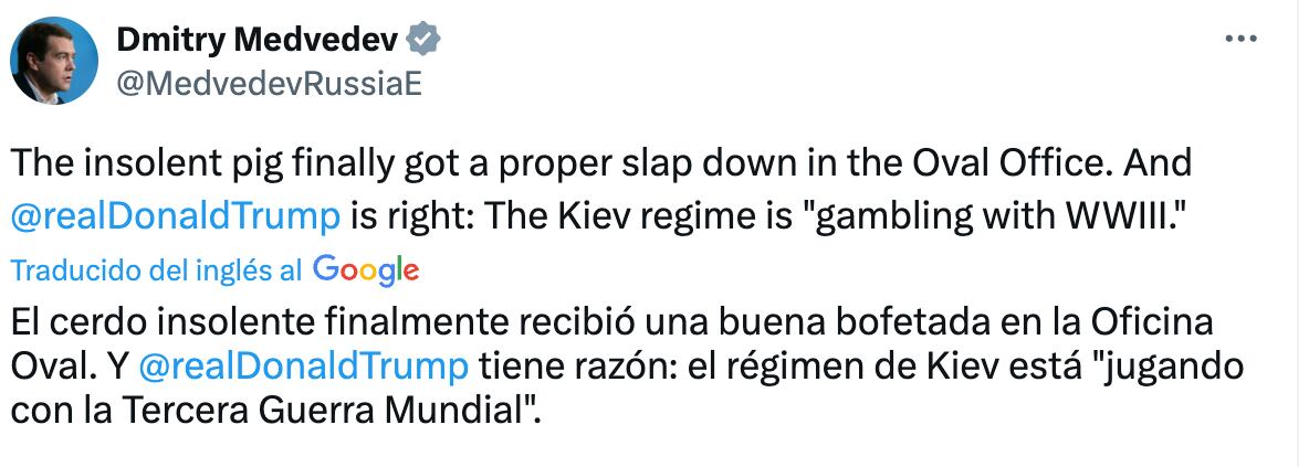 Medvedev, mano derecha de Putin emitió un duro mensaje en su red X