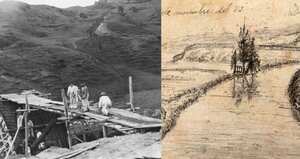 Los españoles construyeron varios puentes de piedra en las cuencas alta y media del río Bogotá. Dibujo realizado desde el Puente del Común en 1883.