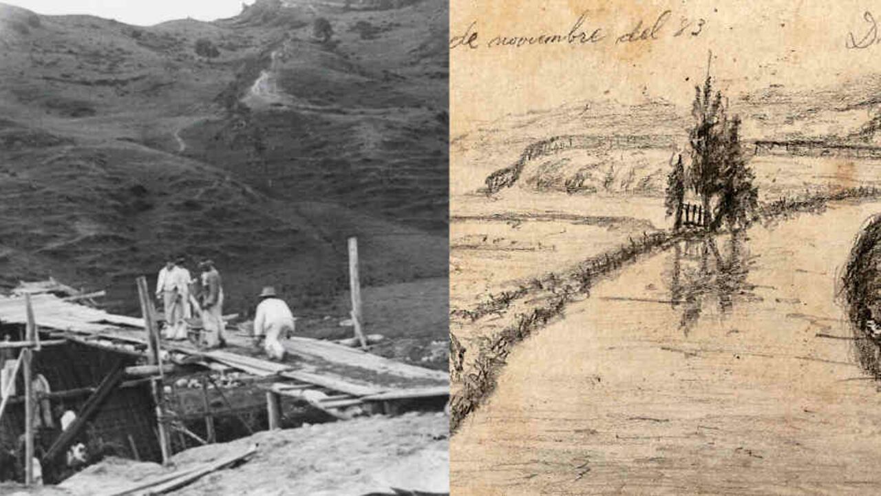 Los españoles construyeron varios puentes de piedra en las cuencas alta y media del río Bogotá. Dibujo realizado desde el Puente del Común en 1883.