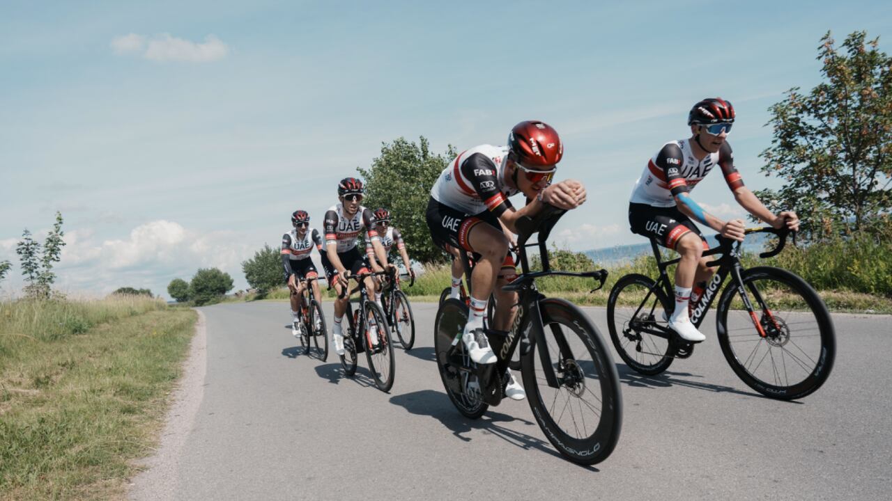 Slovenia's Tadej Pogacar, front right, and his teammates ride during a training near Copenhagen, Denmark, Wednesday, June 29, 2022. (AP/Thibault Camus)