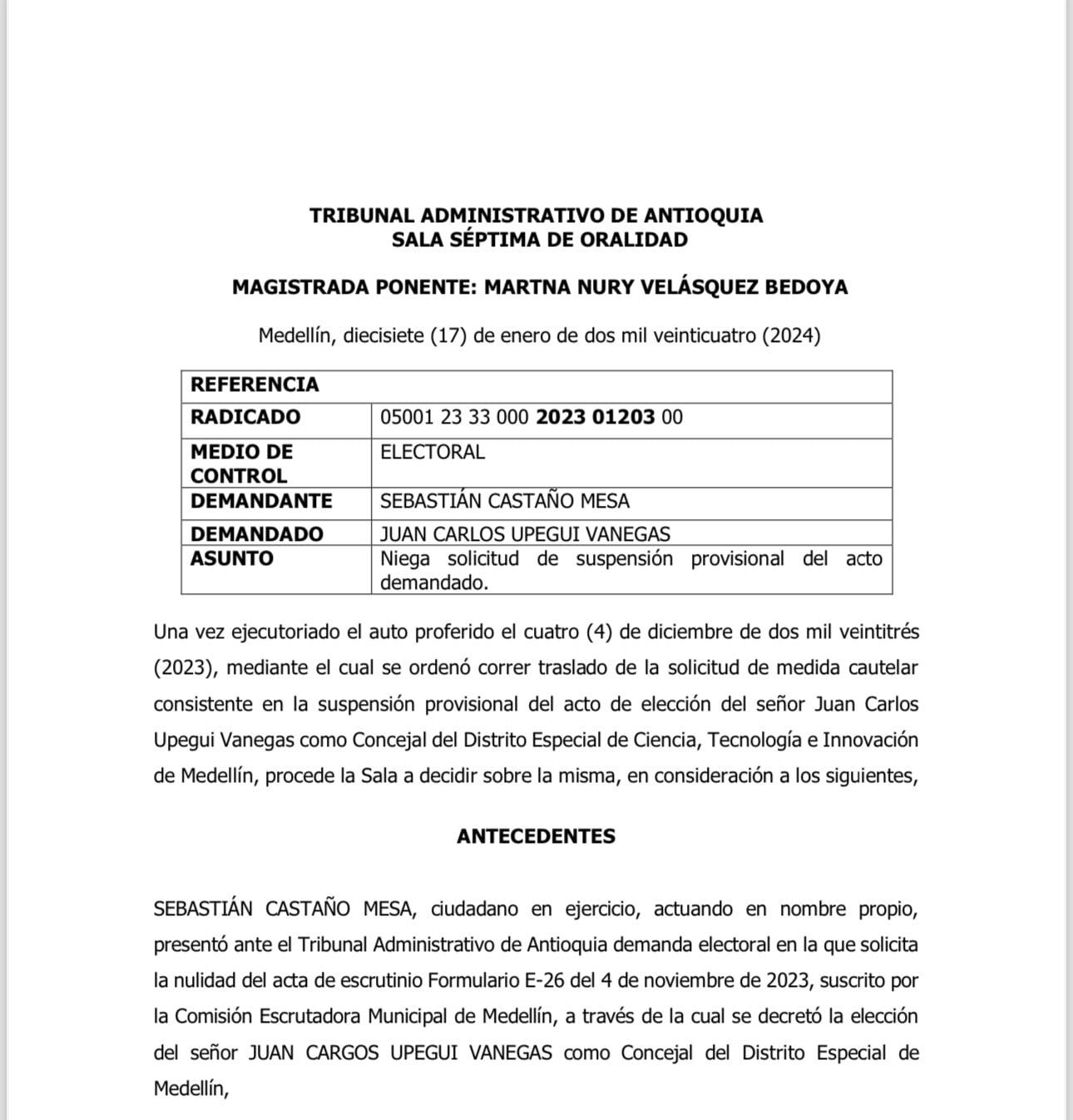 Tribunal administrativo de Antioquia niega solicitud que buscaba tumbar curul de Upegui