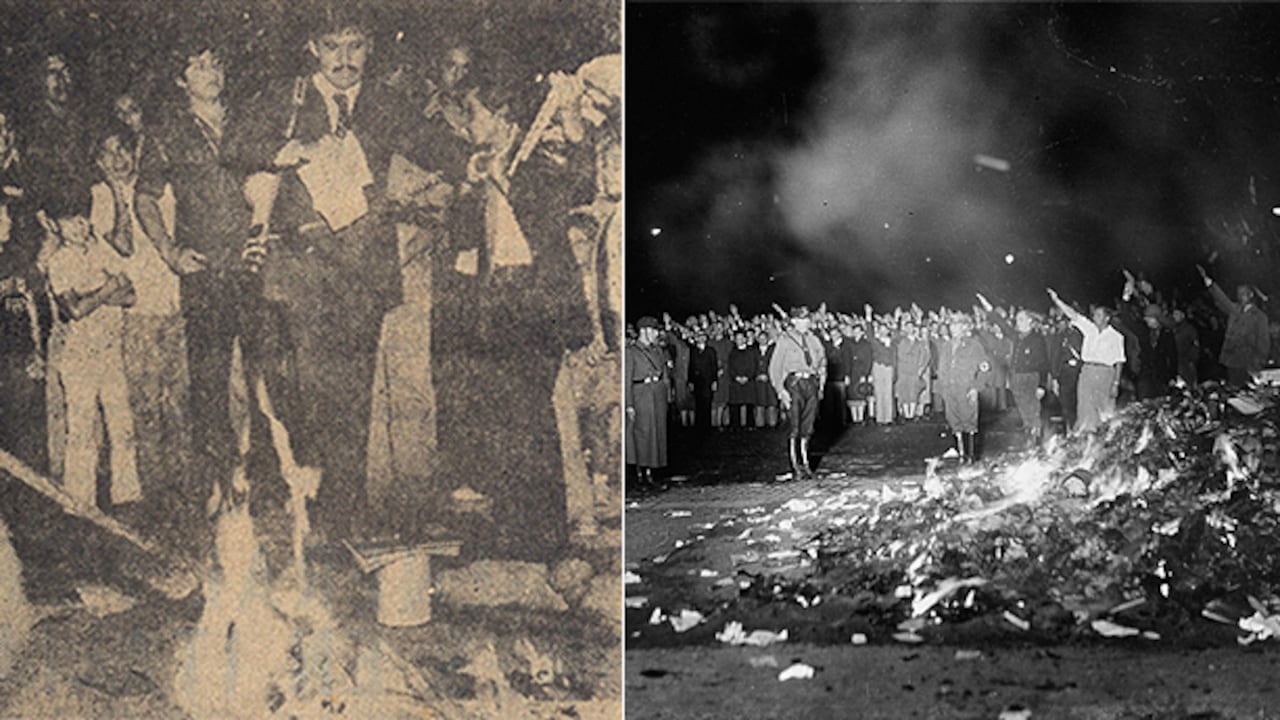 A la izquierda la quema que organizó el actual Procurador en Bucaramanga hace 35 años. A la derecha la quema de libros nazi.