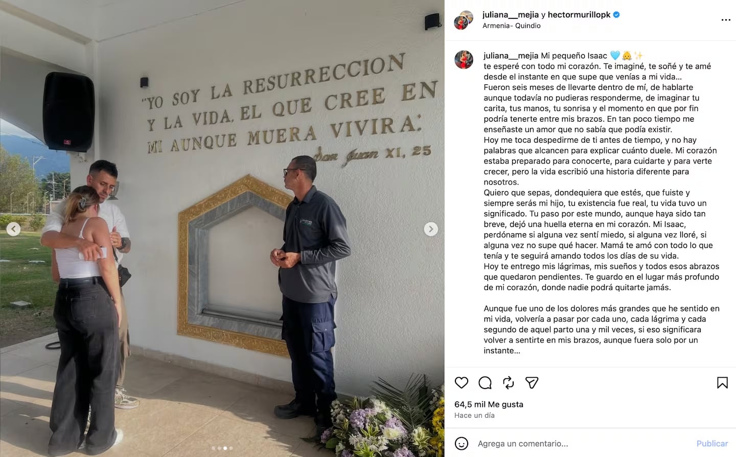 el emotivo mensaje con el que Héctor Murillo y Juliana Mejía despidieron a su bebé