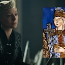 Emma D'Arcy en el papel de Rhaenyra Targaryen y un retrato de 1188 de la emperatriz Matilda. HBO Max/Biblioteca Estatal de Baviera, Múnich/Montaje Arcadia