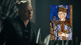 Emma D'Arcy en el papel de Rhaenyra Targaryen y un retrato de 1188 de la emperatriz Matilda. HBO Max/Biblioteca Estatal de Baviera, Múnich/Montaje Arcadia