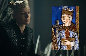 Emma D'Arcy en el papel de Rhaenyra Targaryen y un retrato de 1188 de la emperatriz Matilda. HBO Max/Biblioteca Estatal de Baviera, Múnich/Montaje Arcadia
