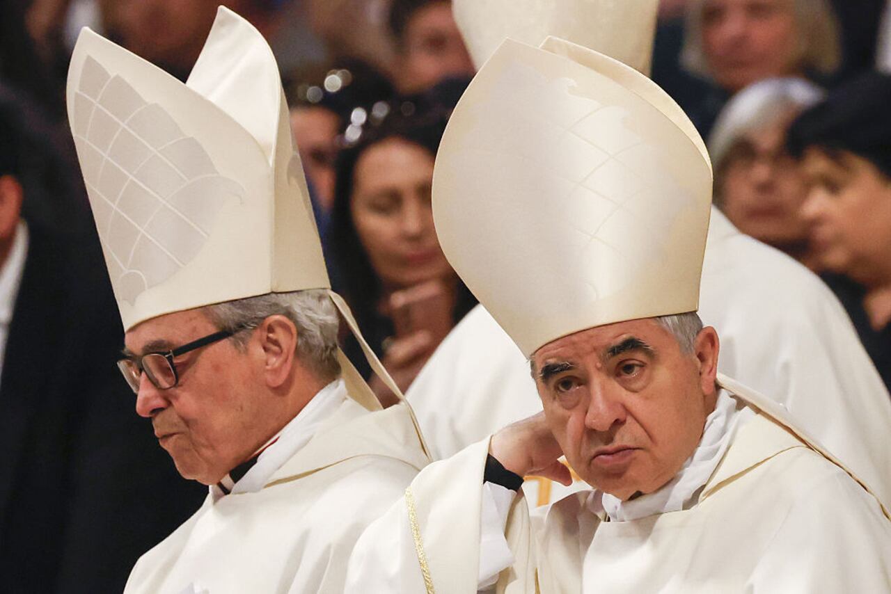 VATICAN CITY, VATICAN, APRIL 02: Cardinal Angelo Becciu prepares to leave at the end of a Mass celebrated by Cardinal Pietro Parolin (not pictured) in memory of Pope John Paul II on the occasion of the 20th anniversary of his death, in St. Peter's Basilica at the Vatican, on April 02, 2025. (Photo by Riccardo De Luca/Anadolu via Getty Images)
