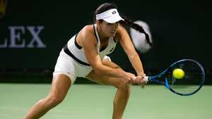 INDIAN WELLS, CALIFORNIA - MARCH 10: Camila Osorio of Colombia in action against Aliaksandra Sasnovich of Belarus in her first round match at the Indian Wells Tennis Garden on March 10, 2022 in Indian Wells, California (Photo by Robert Prange/Getty Images)