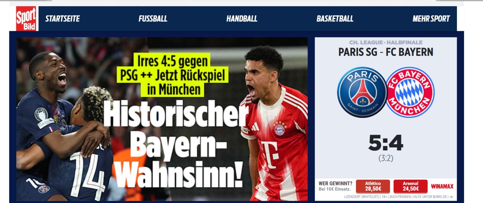 SportBild con Luis Díaz en el primer plano de su página web.