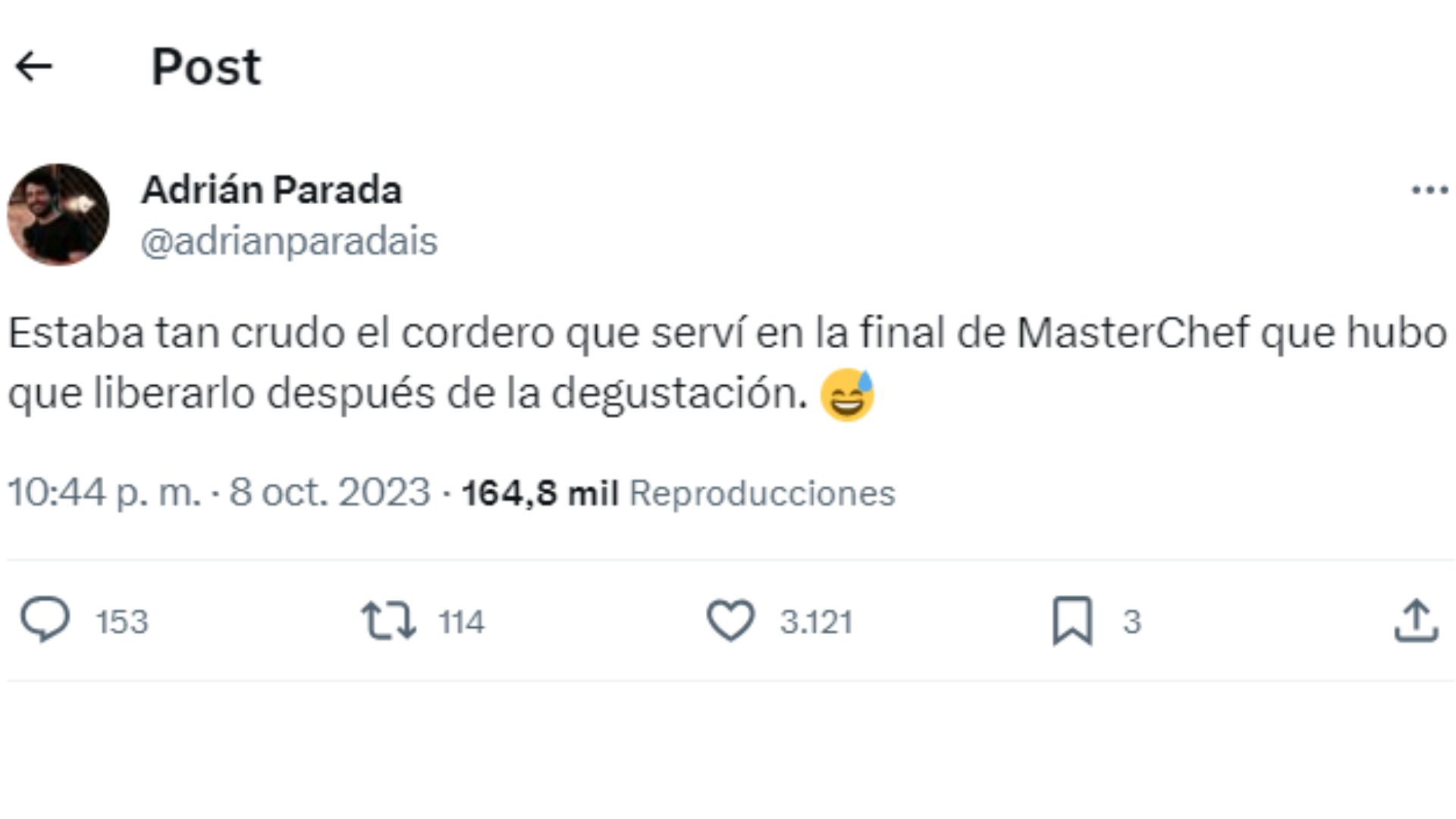 Adrián Parada y sus mensajes tras no ganar la final de MasterChef Celebrity 2023.