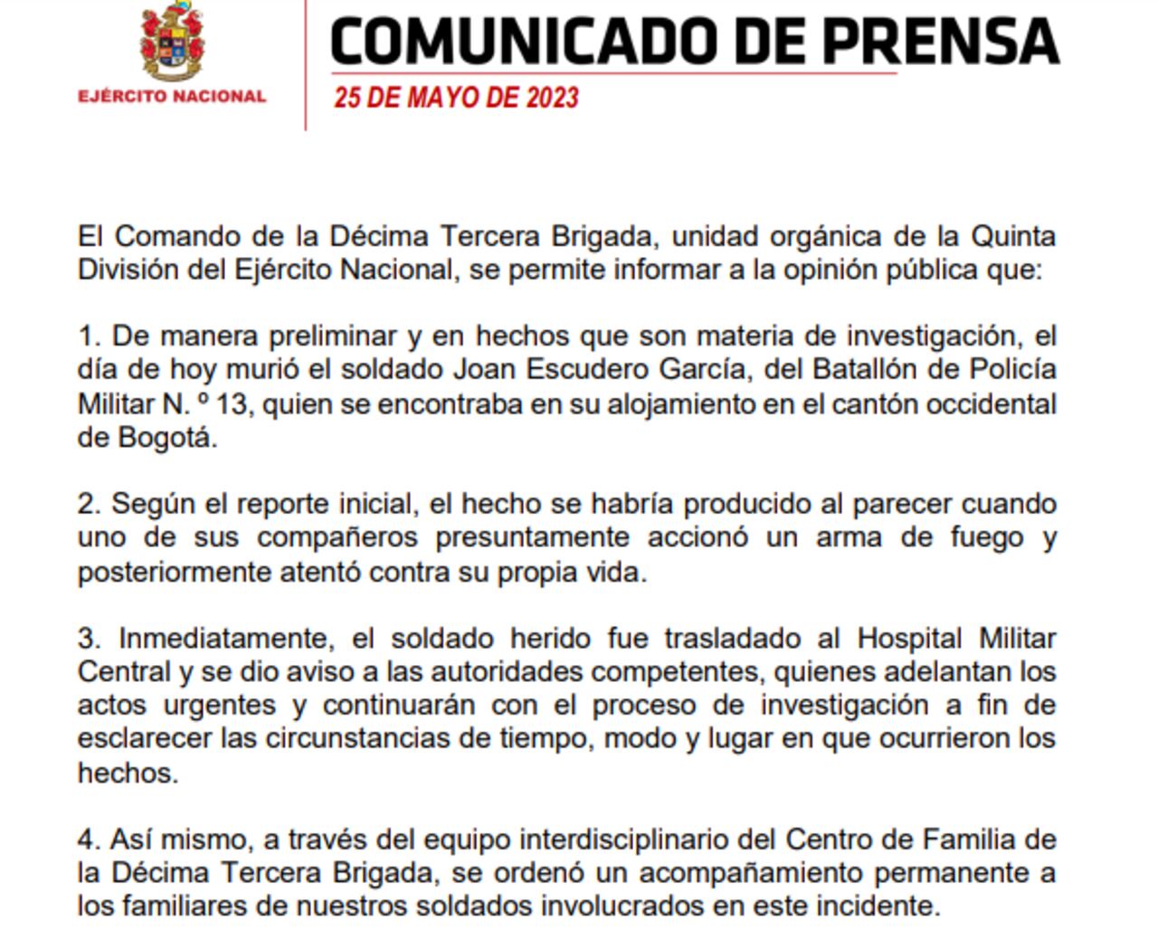 El Ejército confirmó un nuevo caso en donde un soldado murió, al parecer, por el disparo de uno de sus compañeros.