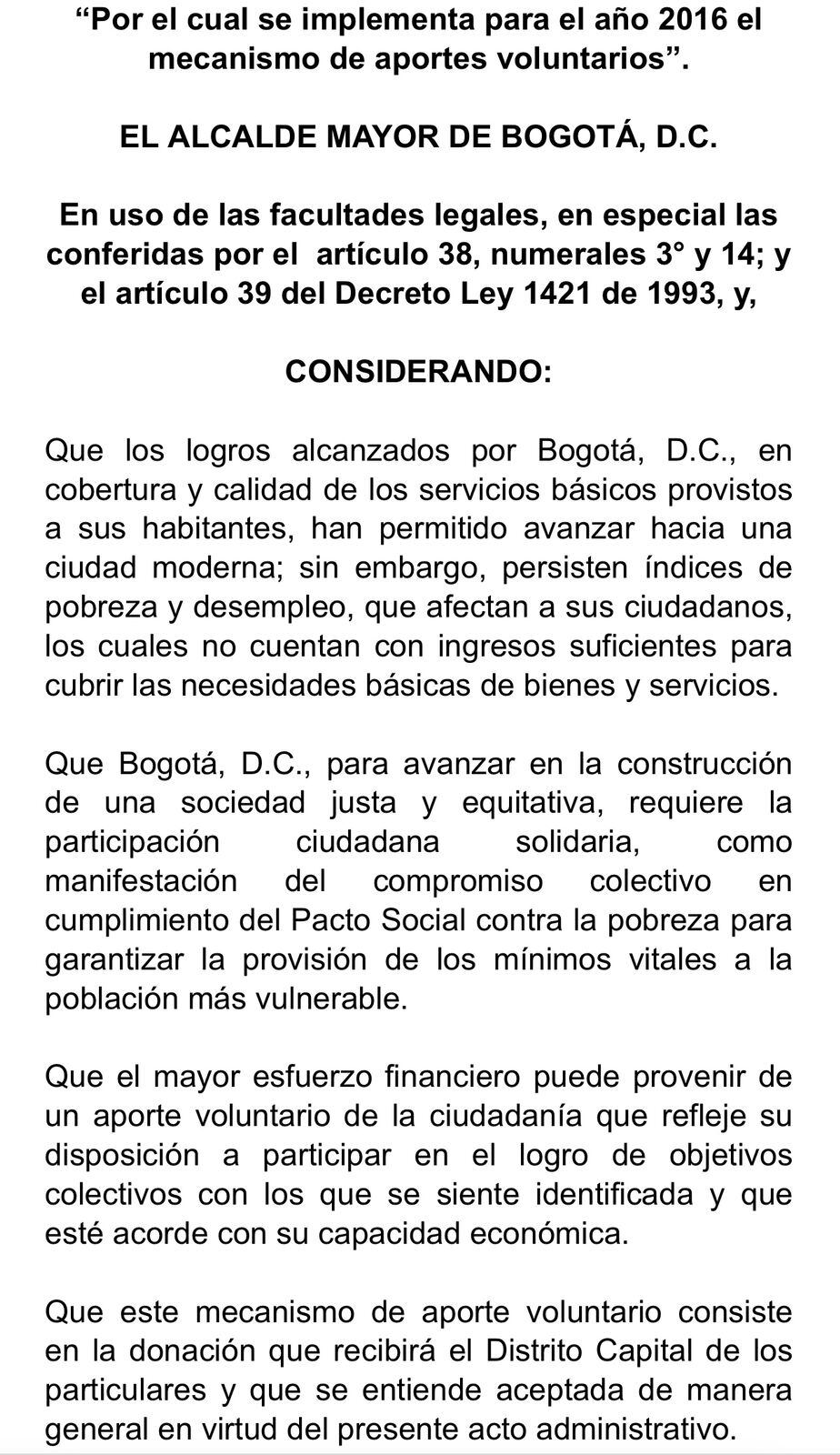 Fragmento del decreto con el que Gustavo Petro promovió una 'vaca' en Bogotá