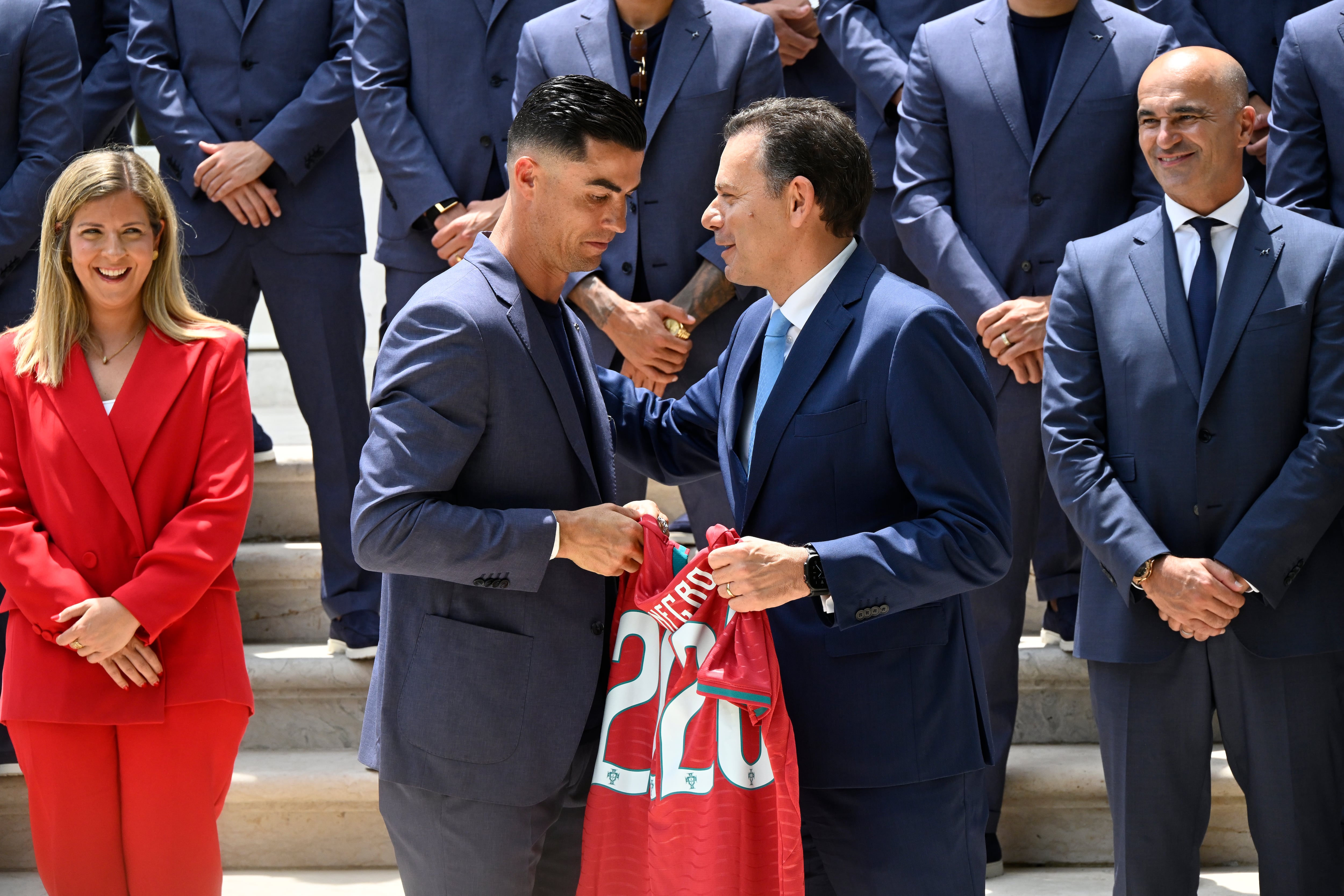 LISBOA, PORTUGAL - JUNE 12: National Team captain Cristiano Ronaldo gives Portuguese Prime Minister Luis Montenegro a "Montenegro 2026" Portuguese National Team jersey during the Prime Minister reception to Portugal's National Soccer Team at PM Official Residence in São Bento before their departure to participate in FIFA World Cup 2026 on June 12, 2026 in Lisbon, Portugal. The 2026 FIFA World Cup is the 23rd edition of the FIFA World Cup, the quadrennial international men's soccer championship played by the national teams of FIFA member associations. It takes place from June 11 to July 19, 2026, jointly hosted by eleven cities in the United States, three in Mexico, and two in Canada. It is the first FIFA World Cup hosted by three nations, and the first to include 48 teams. (Photo by Horacio Villalobos#Corbis/Getty Images)