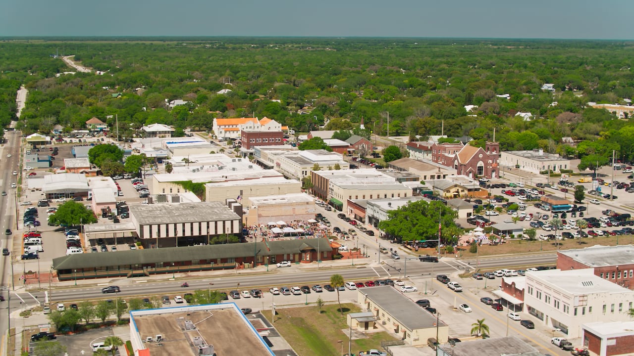 Aerial shot of Arcadia, Florida on a clear sunny day in spring. Arcadia, Florida is a small but historically significant town in southern Florida.