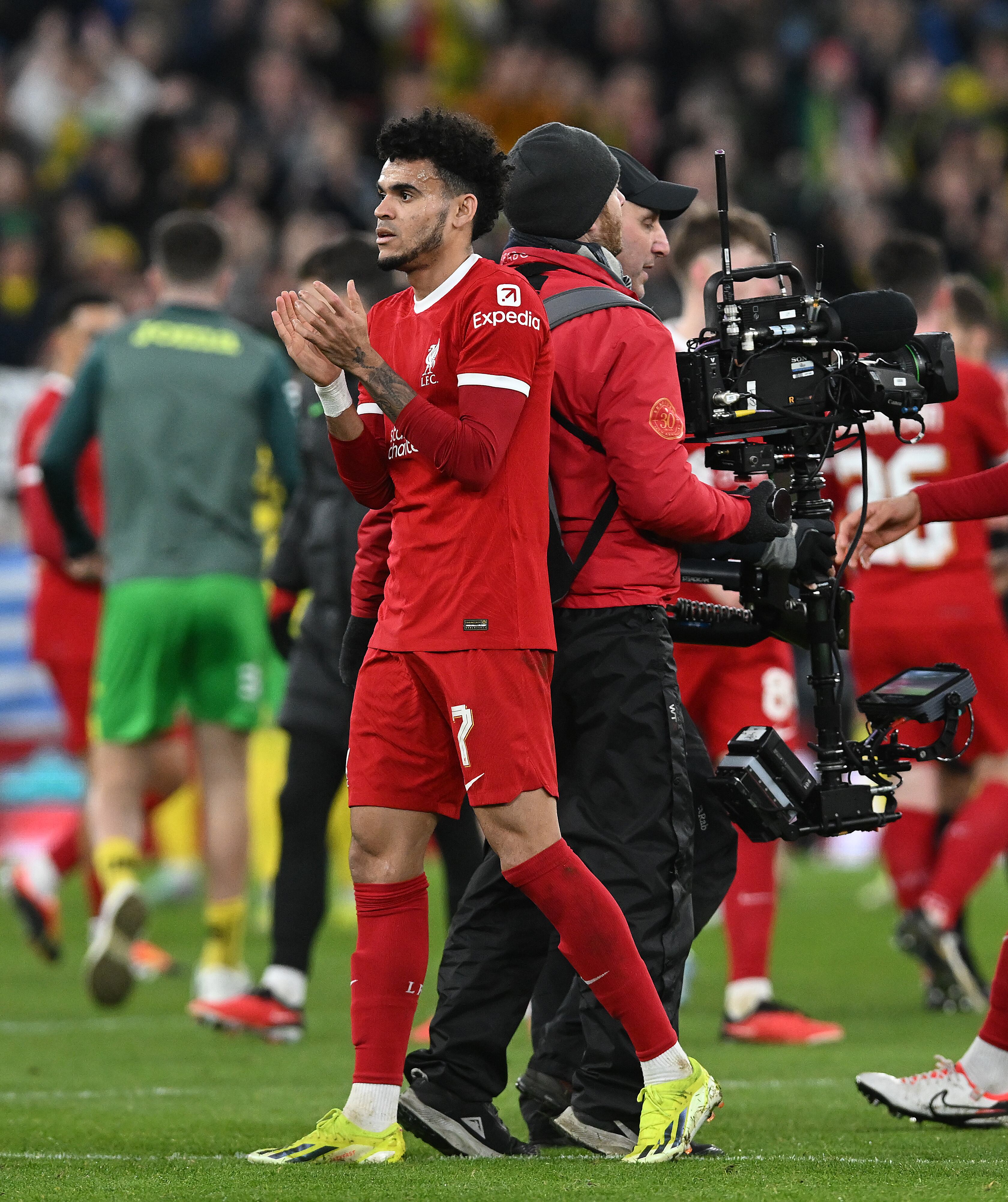 LIVERPOOL, ENGLAND - JANUARY 28: (THE SUN OUT. THE SUN ON SUNDAY OUT)  Luis Diaz of Liverpool showing his appreciation to the fans at the end of the Emirates FA Cup Fourth Round match between Liverpool and Norwich City at Anfield on January 28, 2024 in Liverpool, England. (Photo by John Powell/Liverpool FC via Getty Images)