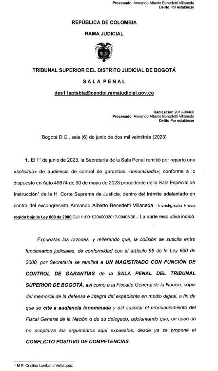 Tribunal negó audiencia para realizar audiencia para definir procesos contra Armando Benedetti.
