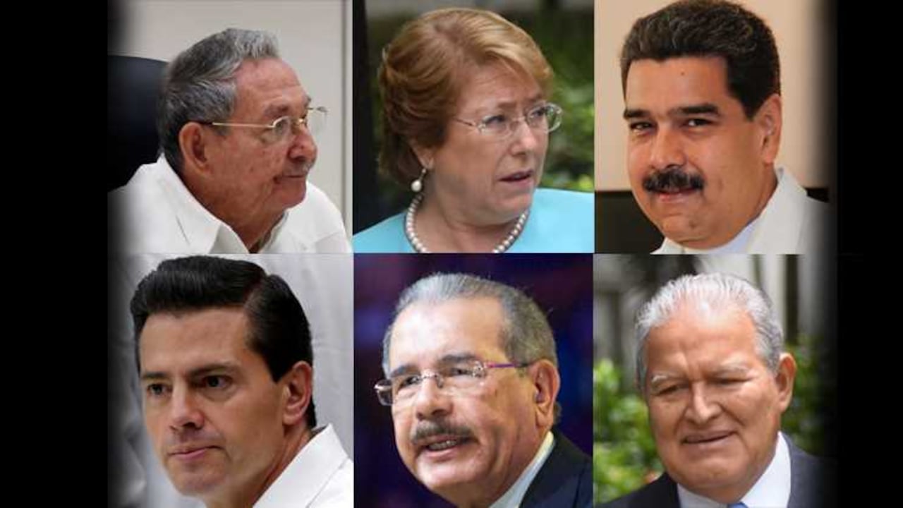 Raúl Castro (Presidente de Cuba), Michelle Bachelet (Presidenta de Chile), Nicolás Maduro (Presidente de Venezuela), Enrique Peña Nieto (Presidente de México), Danilo Medina (Presidente de República Dominicana), Salvador Sánchez (Presidente de El Salvador).