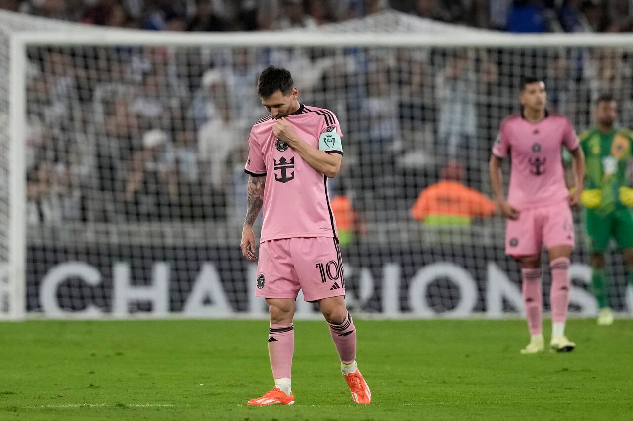 Inter Miami's Lionel Messi reacts after Monterrey's German Berterame scoring his side's second goal during a CONCACAF Champions Cup quarter final second leg soccer match at the BBVA stadium in Monterrey, Mexico, Wednesday, April 10, 2024. (AP Photo/Eduardo Verdugo)