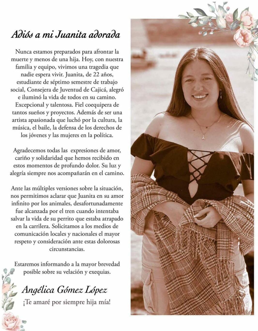 Mamá de Juanita Cárdenas, la joven que murió arrollada por el tren de la Sabana en Cajicá, aclara la verdadera razón del accidente