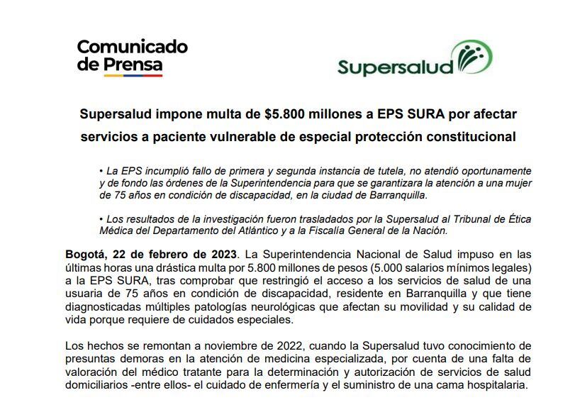 Comunicado de la Supersalud sobre Sura