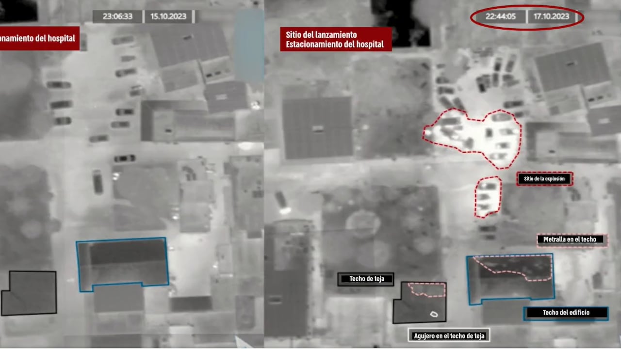 el Ejército de Israel ha publicado en su cuenta en X un corte de audio que supuestamente recoge "una conversación entre operativos de Hamás" sobre el suceso en el que abordan el incidente y afirman que el proyectil fue lanzado por Yihad Islámica "desde un cementerio situado detrás del hospital". Foto: X @FDIonline