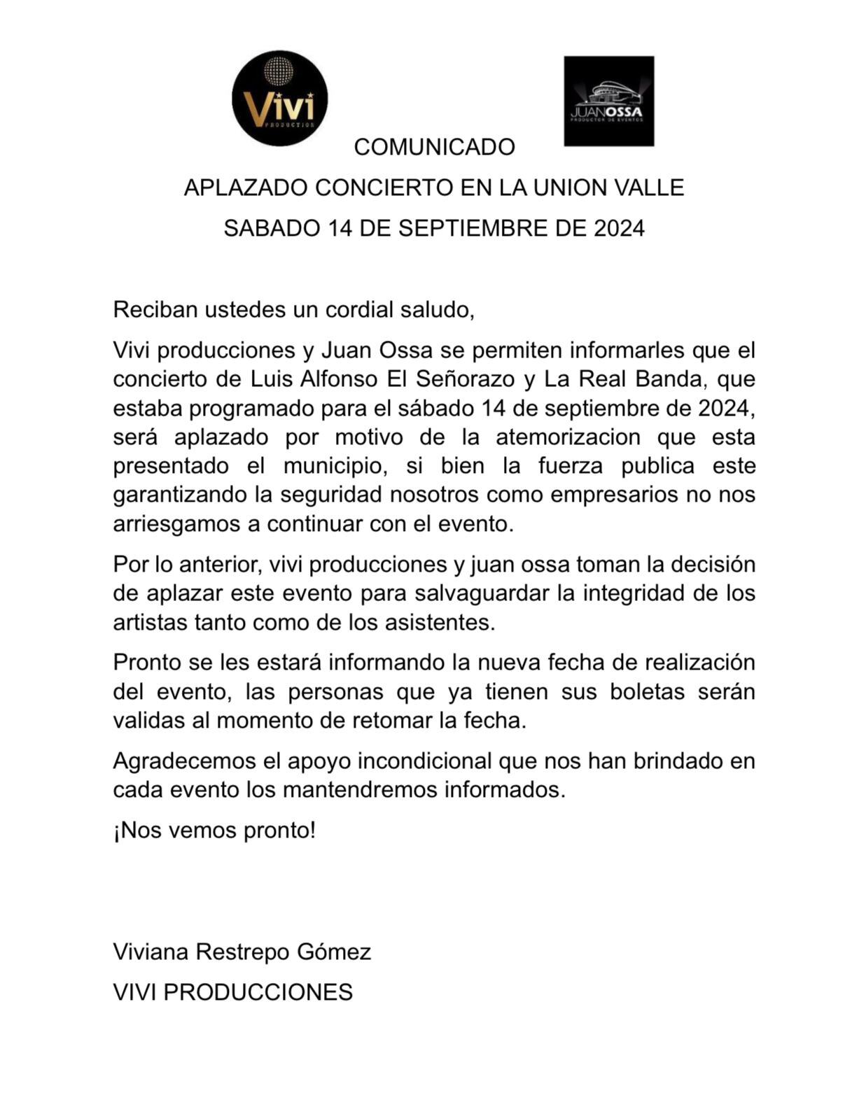 Aplazado concierto de Luis Alfonso-Comunicado oficial