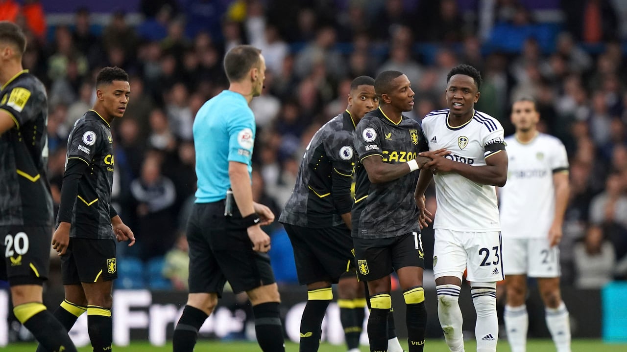 Leeds United's Luis Sinisterra reacts after being shown a second yellow card during the English Premier League soccer match between Aston Villa and Leeds United, at Elland Road, Leeds, England, Sunday Oct. 2, 2022. (Tim Goode/PA via AP)