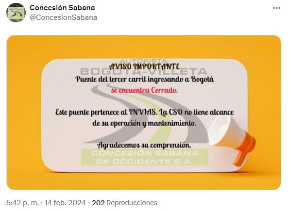 Concesión Sabana sobre el cierre del tercer carril de ingreso a Bogotá.