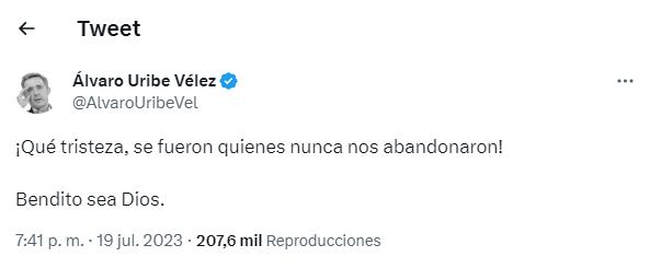 Trino del expresidente Álvaro Uribe sobre la tragedia aérea