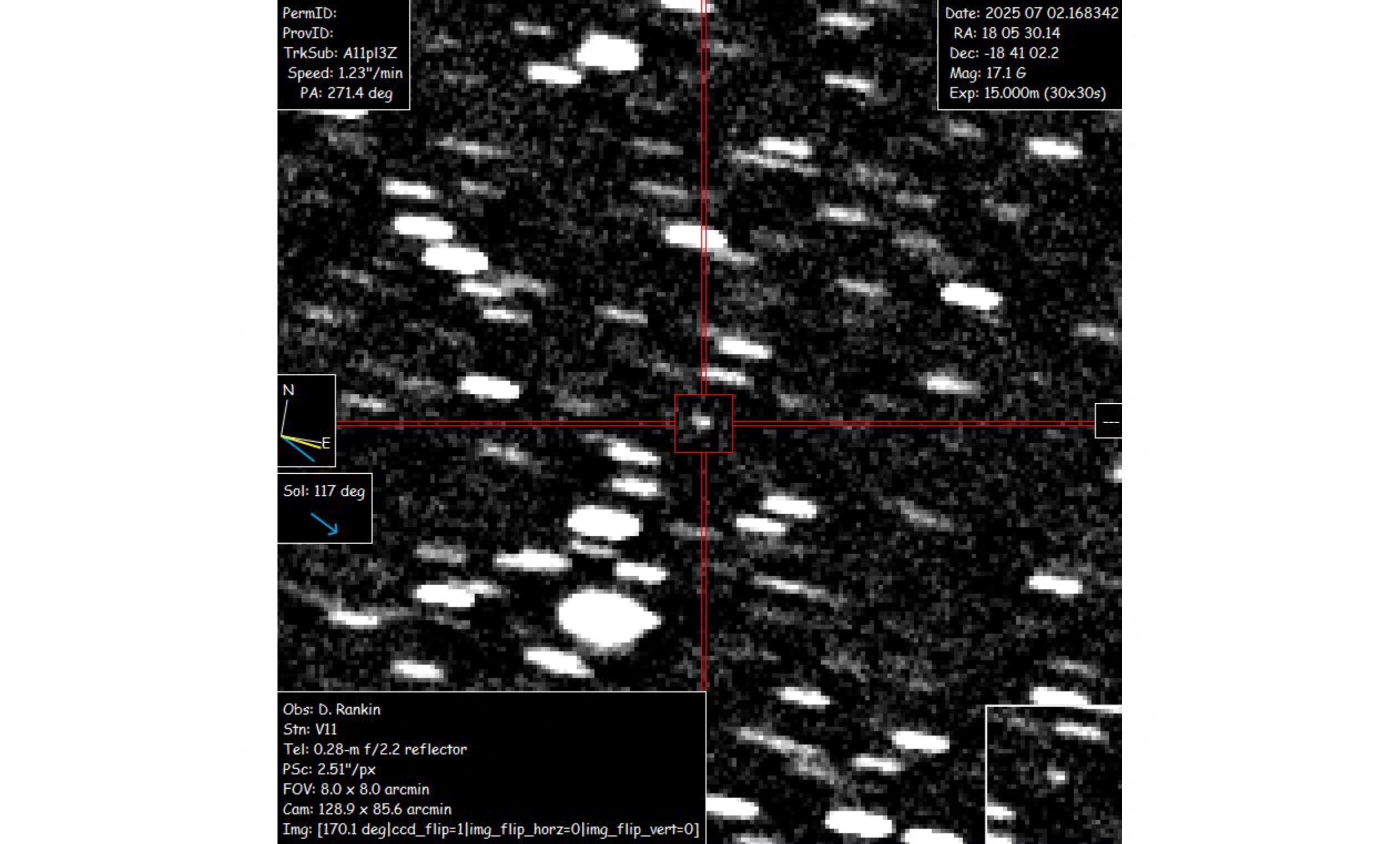 Esta imagen, cortesía de David Rankin, del Observatorio Saguaro, muestra el objeto interestelar A11pI3Z, captada el 2 de junio de 2025 por David Rankin, ingeniero del Catalina Sky Survey de la Universidad de Arizona. El 2 de junio, los astrónomos confirmaron el descubrimiento de un objeto interestelar que recorre nuestro sistema solar a toda velocidad: tan solo el tercero detectado hasta la fecha, aunque los científicos sospechan que muchos más podrían pasar desapercibidos.