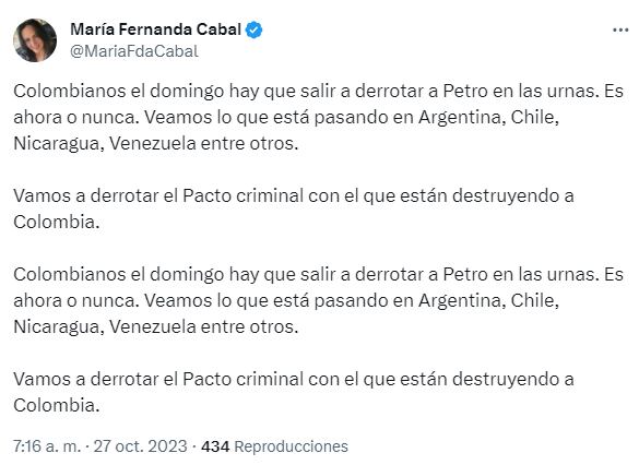 Publicación en X de la senadora María Fernanda Cabal.