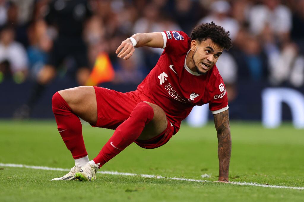 LONDON, ENGLAND - SEPTEMBER 30: Luis Diaz of Liverpool reacts during the Premier League match between Tottenham Hotspur and Liverpool FC at Tottenham Hotspur Stadium on September 30, 2023 in London, England. (Photo by Marc Atkins/Getty Images)